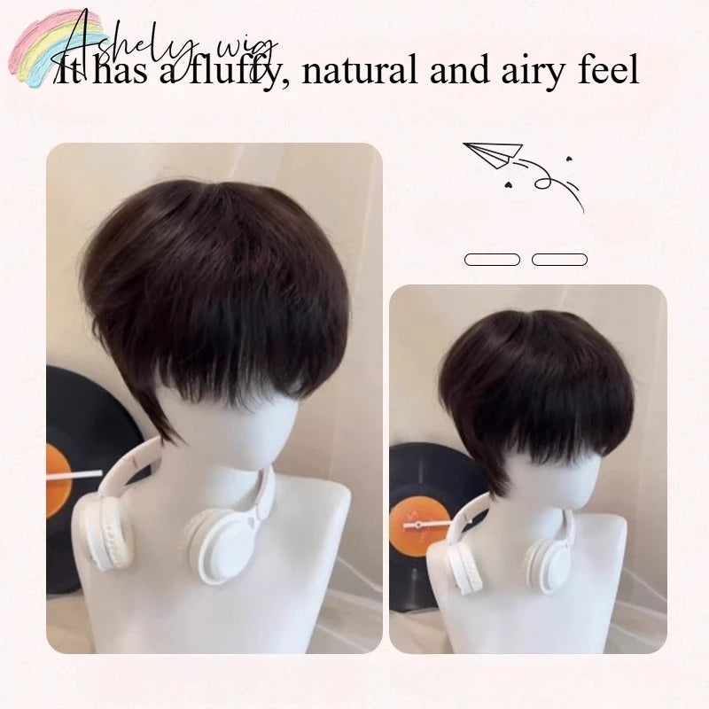 Short Wig for Men 6inches Black Wig with Bangs Natural Hair Wigs High Temperature Fibers Headband Synthetic Wigs for Daily Use
