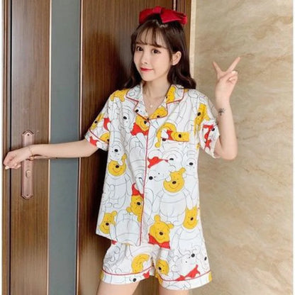 Cute Women's Summer Pajamas Set Cartoon Hello Kitty Nightgown Loose Soft Sleep Tops Short Sleeve Sweet Girls Sleepwear Clothes