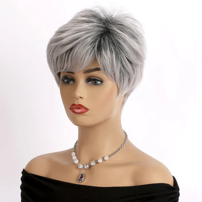 Short Grey Wigs for Women Gray White Pixie Cut Wigs with Dark Root Layered Synthetic Short Hair Wigs Natural Looking