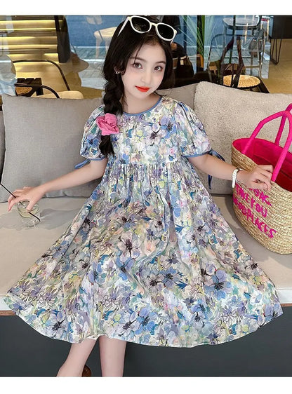 2025 Girls Dress Summer Loose Floral Pattern Beach Dress For Girl Bohemia Princess Children Dresses Vestido Teenage 3-14 Years