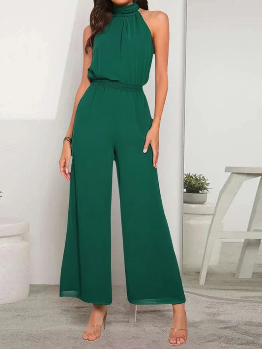 2025 Spring and Summer New Women's Casual Solid Colour Hanging Neck Sleeveless Wide-Leg Jumpsuit Best Choice for Summer