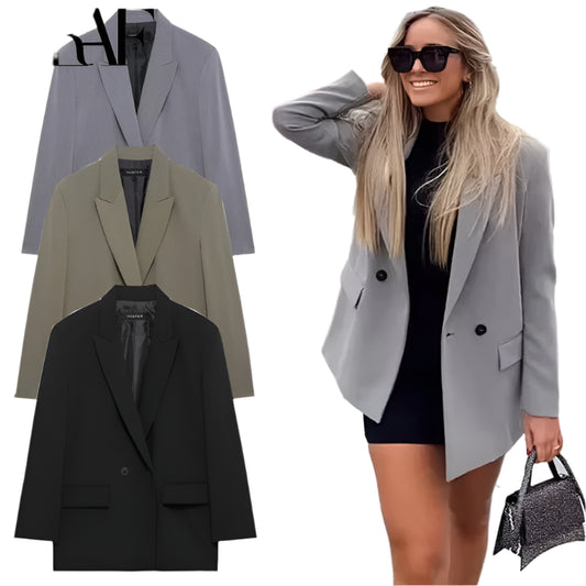 TRAF Blazers For Women Black Gray Long Blazer Woman Office Wear Long Sleeve Solid Blazer Oversized High Quality Women's Blazer