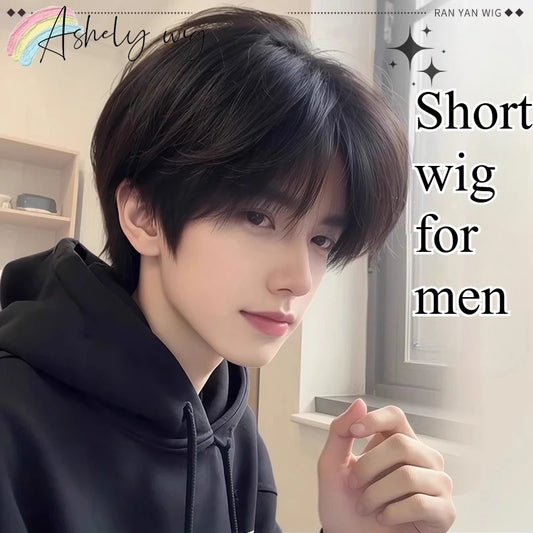 Short Wig for Men 6inches Black Wig with Bangs Natural Hair Wigs High Temperature Fibers Headband Synthetic Wigs for Daily Use