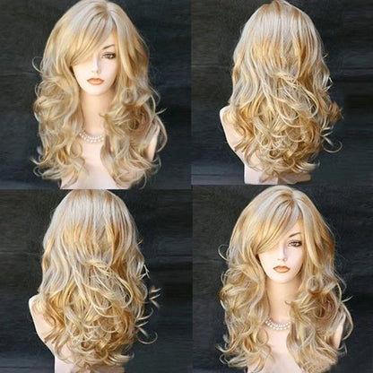 Ladies Golden Long Curly Wig Transparent Lace Front Human Hair Fashion Blonde Party Costume for Women Heat Fiber Wigs