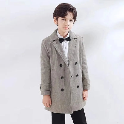 School Children Retro British Style Winter Thick Warm Wool Long Coat Boys  Windproof Outdoor Jacket Kids Formal Birthday Party P