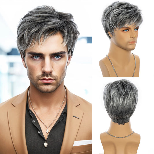 Gray and White Men's synthetic Wigs Fashion Men's Short Hair Cosplay Man Hair for daily use
