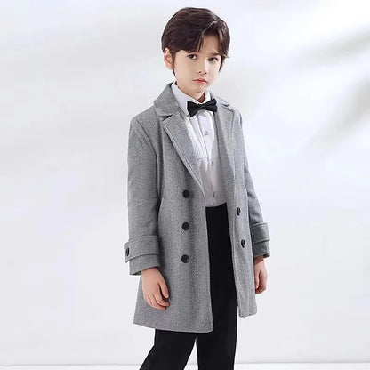 School Children Retro British Style Winter Thick Warm Wool Long Coat Boys  Windproof Outdoor Jacket Kids Formal Birthday Party P
