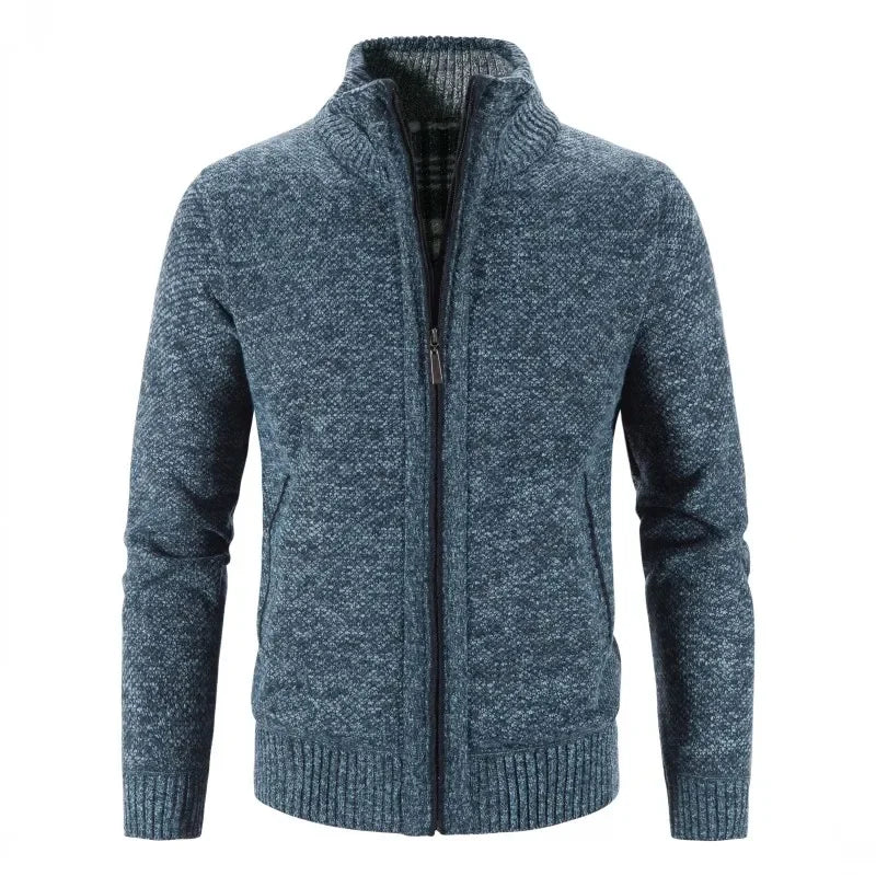 Autumn Winter New Men Trendy Knitted Cardigan Fleece Zipper Sweater Men's Warm Coat Stand-up Collar Solid Color Sweater Cardigan