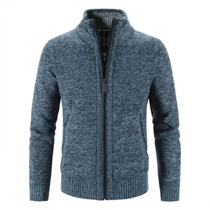 Autumn Winter New Men Trendy Knitted Cardigan Fleece Zipper Sweater Men's Warm Coat Stand-up Collar Solid Color Sweater Cardigan