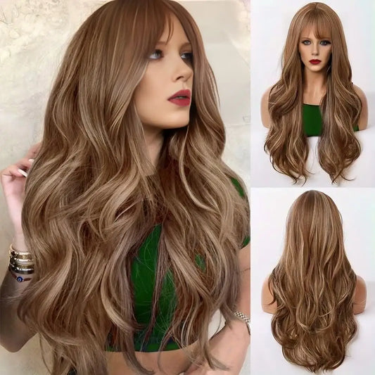 Wigs for women long curly wavy wigs brown heat-resistant synthetic fiber easy to care for daily party stage performance 26 inche