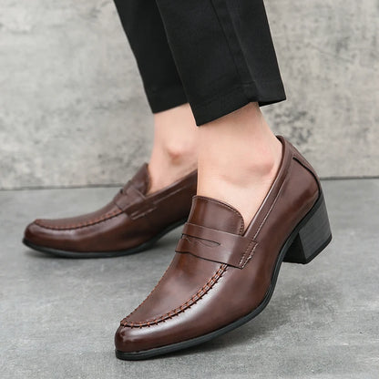 Men Retro Dress Shoes Black Brown Medium High Heels European and American Business Banquet Cuban Leather Shoes Size 38-45