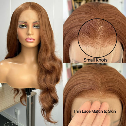 Ginger Brown Long Body Wave Synthetic Middle Part Natural Curly Loose Wavy Reddish Brown Heat Resistant Fiber Wigs for Women
