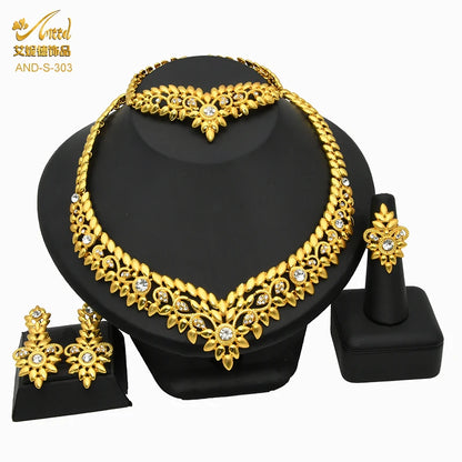 ANIID African Jewelery Sets Flower Earrings Choker Necklace Bracelet Hawaiian Indian Dubai Golden Jewelry For Women Accessories