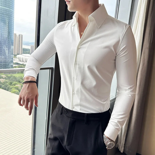 Men Dress Shirt 2025 Autumn British Style Solid Casual Slim Fit Formal Camisas V-neck Long Sleeves Shirt Streetwear Men Clothing