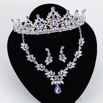 Luxury Silver Crown Necklace and Earring Set for Women, Purple Teardrop Tiara with Leaf Choker and Dangle Earrings, Wedding Prom