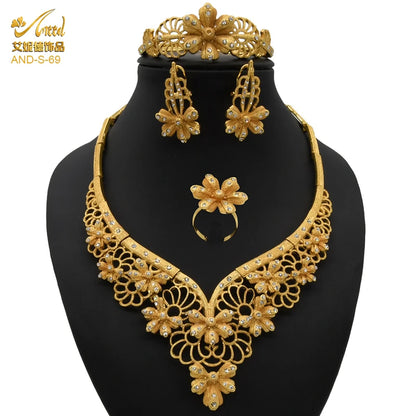 ANIID African Jewelery Sets Flower Earrings Choker Necklace Bracelet Hawaiian Indian Dubai Golden Jewelry For Women Accessories