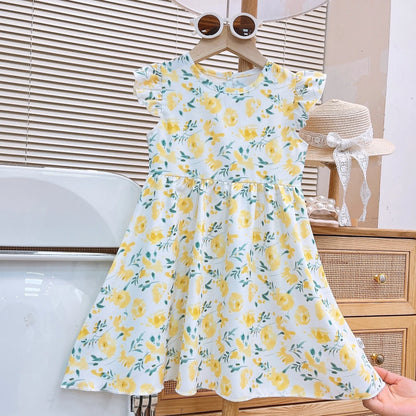 Girls Summer Dress New Fashion Floral Princess Dress with Flutter Sleeves for Toddlers and Young Children